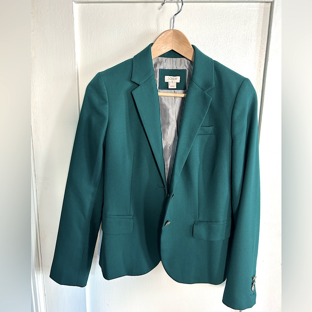 J.Crew blazer size 2.  Almost never worn. Jewel tone emerald green.